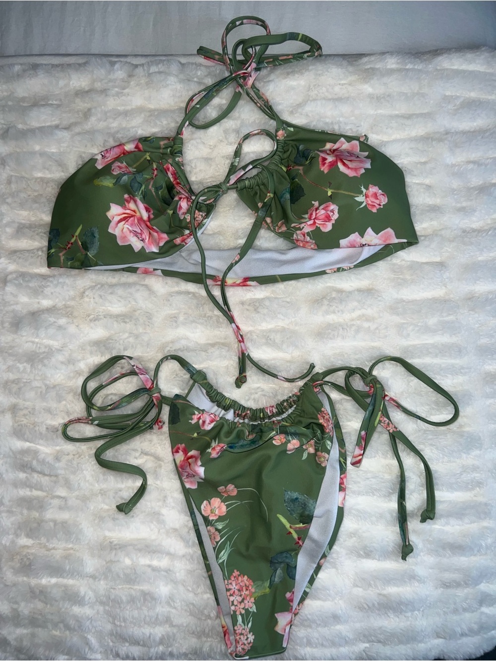 Fashion Nova Olive Green Floral Tie Bikini Set
